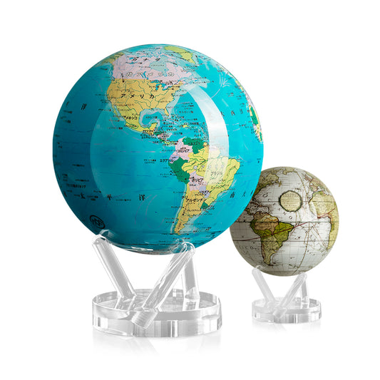 ブルー世界地図：日本語版 × ホワイト アンティーク テレストリアル